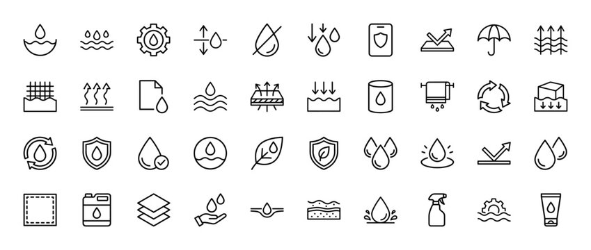 Water and liquid properties line icon set. Vector pictograms of moisture, waterproof, absorbent, droplet, spray, filtration, and skin care, thin outline illustration.