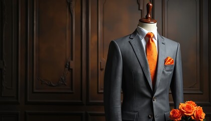 Mannequin wears formal gray suit, white shirt, orange patterned tie, orange pocket square. Orange roses arranged near suit. Formal attire displayed against dark wood paneling background for special