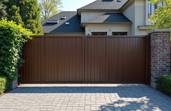 Closed brown automatic sliding metal gate with vertical panels. Paved driveway leads to residential house entrance. Brick pillars flank gate on sunny day. Green hedge grows beside fence.