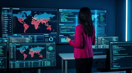 A woman monitoring real-time data on multiple screens in a command center - Powered by Adobe