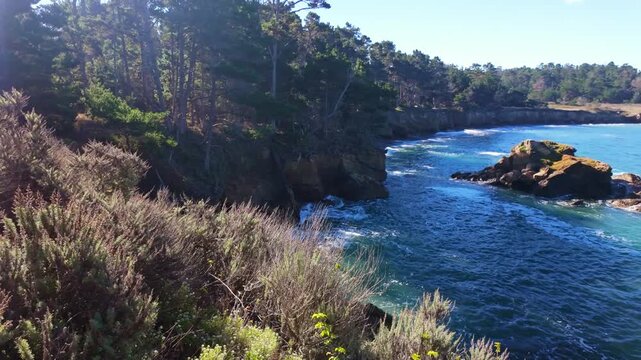 Pacific Ocean waves strike rugged coastal cliffs at Point Lobos State Natural Reserve in California