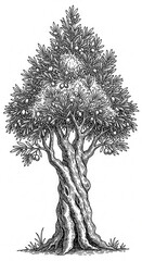 Fototapeta premium Detailed illustration of a bountiful olive tree with fruits rendered in monochrome intricate