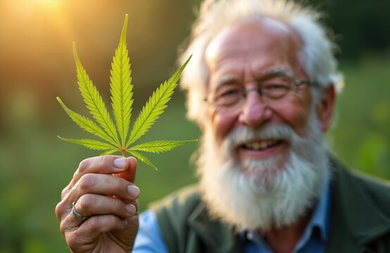 Elderly man smiles holding green cannabis leaf. He looks peaceful, healthy, and happy. Suggests natural pain relief for seniors in their sunset years.
