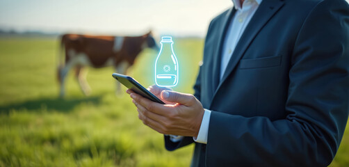 Farmer uses smartphone app for dairy farm analysis and milk production control. Person monitors cow health and farm efficiency in real time. Modern agritech implements farm management.