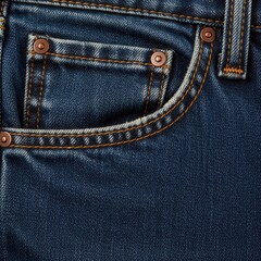 Detailed view of a classic blue denim jeans pocket with copper rivet accents highlighting texture