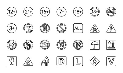 Universal safety and restriction icon set. Vector pictograms of age rating, no smoking, flammable, toxic, fragile, and recycling symbols, thin outline illustration.
