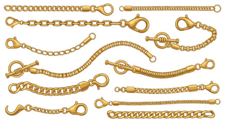 Detailed vector illustration showing a collection of shiny golden chains and connecting clasps in various popular jewelry styles arranged neatly on a clean white background.