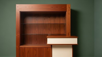 Elegant wooden display cabinet with glass shelves in muted modern room