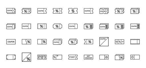 E-commerce and retail coupon icon set. Vector pictograms of shopping vouchers, discount tickets, gift cards, percentage labels, and promo codes, thin line illustration.