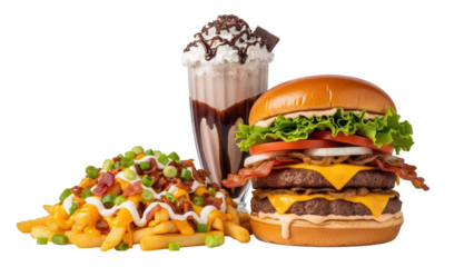 Giant burger meal with loaded fries and a thick chocolate milkshake drink isolated on white background