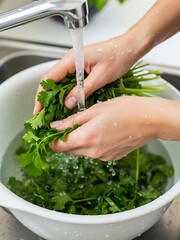 Fresh Coriander Being Washed Under Running Water in Kitchen Sink