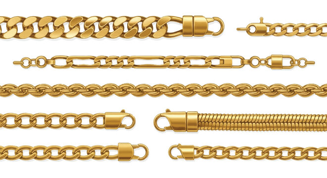 A realistic gold chain collection featuring various luxurious necklace styles and bracelet links is presented in a detailed flat 2D vector illustration, isolated against a clean white background.