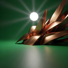 Geometric copper form under glowing orb on deep green plain, design element