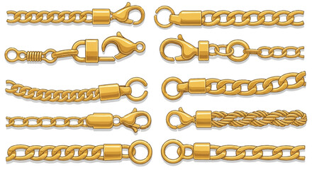 Premium golden metal chains with secure lobster clasps are presented in a flat 2D vector illustration, isolated cleanly on a pure white background.