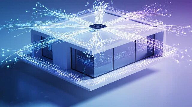 Futuristic building with isometric architecture and digital network connections on a blue gradient background