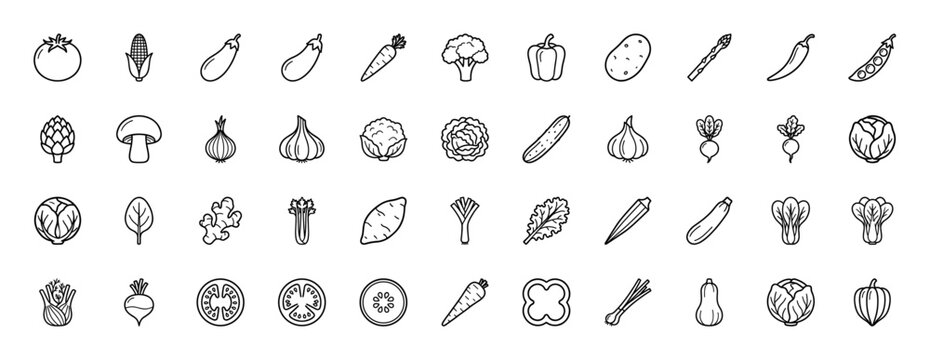 Vegetables line icon set. Vector pictograms of tomato, corn, eggplant, carrot, broccoli, pepper, potato, mushroom, onion, and cucumber, thin outline illustration.