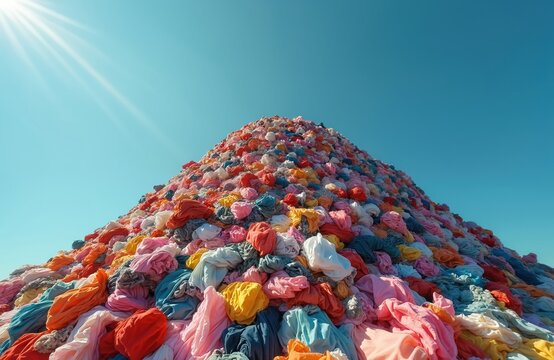 Massive heap of colorful used clothing piled high under a clear blue sky. Represents textile waste, fast fashion impact, and need for recycling. Shows discarded garments creating environmental issue.