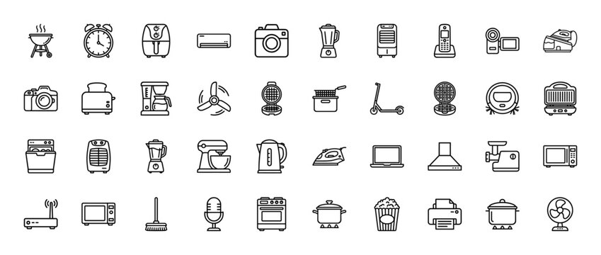 Home appliances line icon set. Vector pictograms of blender, toaster, coffee maker, air fryer, microwave, vacuum, fan, camera, iron, and kettle, thin outline illustration.