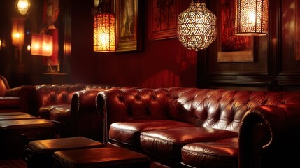 Luxurious Leather Chesterfield Sofa in Dimly Lit Lounge Bar.