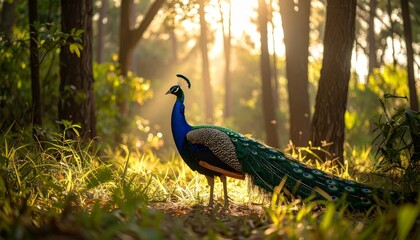 A vibrant peacock perches regally amid sun-dappled forest, showcasing its elegant plumage.