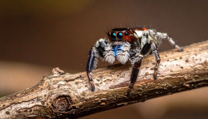 A vibrant Peacock Spider, distinguished by its unique patterns, sits perched on twig.