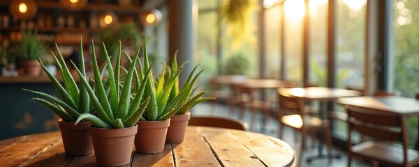 Obraz premium Potted aloe vera plants on a wooden table in a cafe with soft natural light. Other plants and tables are visible in background. Space for text.