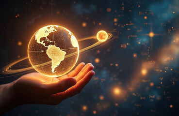 Hand holds glowing planet earth orb with orbital rings in dark cosmic space background. Miniature moon orbits globe showing celestial mechanics and planetary science.