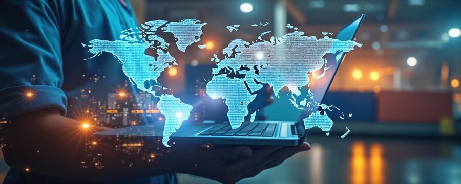 Man holds laptop displaying digital world map. Global network connections and logistics. Technology facilitates international trade and cargo transport. - Powered by Adobe