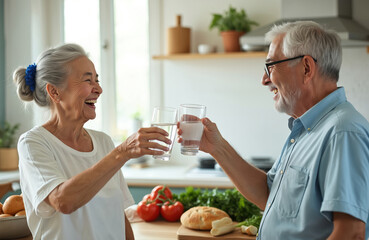 Happy Asian elderly couple cheers with water glasses in home kitchen. Mature wife and husband enjoying healthy beverage together, promoting wellness and a balanced lifestyle.