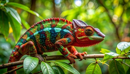 A colorful panther chameleon sits on a branch, slowly adapting its skin color pattern.