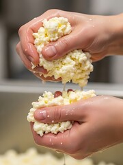Hands squeezing fresh homemade cheese, whey draining, food preparation