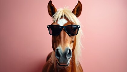 Brown horse with blonde mane and white spot wears dark sunglasses. Animal poses with hairstyle against pink backdrop. Funny, stylish equine looks like human for poster.