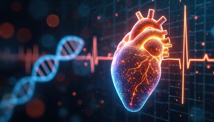 Digital heart on data grid with DNA helix and EKG pulse line. Futuristic AI healthcare shows pulse monitoring and bio science innovation in virtual space.