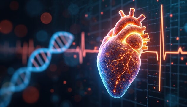 Digital heart on data grid with DNA helix and EKG pulse line. Futuristic AI healthcare shows pulse monitoring and bio science innovation in virtual space. - Powered by Adobe