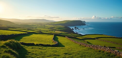 Naklejka premium Green rolling hills meet the blue ocean under a clear sky. Stone walls divide rich fields across the Irish countryside, creating a scenic panorama.