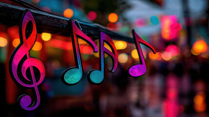 Colorful musical notes hang against vibrant backdrop, creating lively atmosphere perfect for sangeet night celebration filled with joy