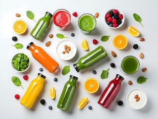 Overhead view of vibrant smoothies and fresh fruits, promoting wellness