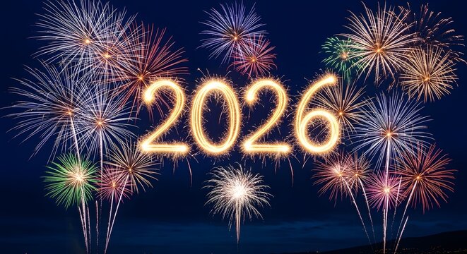 happy new year, new year's eve, silvester, new years eve, sparklers celebration greeting card, new year card - Year 2026 in sparkler font and firework fireworks pyrotechnic, blue night sky background