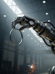 Robotic Arm Holding Ring in Industrial Factory Setting with Welding