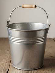 Rustic metal pail with wooden handle on weathered wood surface still life