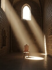 Solemn interior with throne bathed in light, ethereal solitude scenery