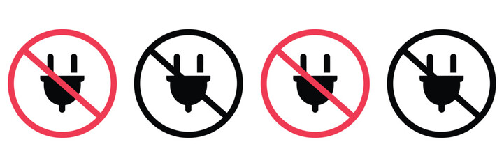 No Electric Plug Warning Icons, Power Restriction, Prohibited Socket, and Safety Sign Vector Set, Including Electrical Safety Symbols