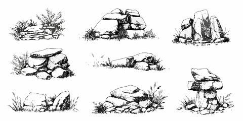 Obraz premium A collection of sketched stones and boulders with surrounding vegetation
