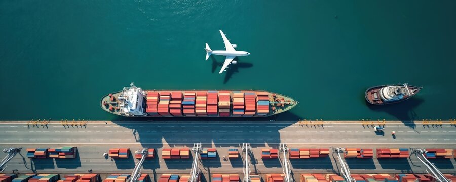 Aerial view of cargo ship and airplane at busy port terminal. Intermodal transport hub with cranes and stacked containers. Global trade and logistics movement.