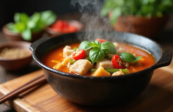 Hot sinigang pork soup in black bowl with fresh basil and tomatoes. Steam rises from filipino food dish served with chopsticks. Ingredients visible in background.