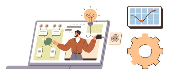 Man presenting workflow and ideas on laptop screen with diagrams, charts, and a glowing lightbulb. Ideal for education, innovation, project planning, online learning, productivity, brainstorming