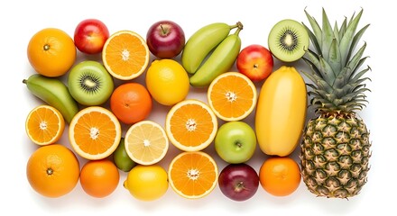 Vibrant assortment of fruits forming a flat lay arrangement for advertising