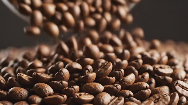Closeup shot of roasted coffee beans falling into a pile.