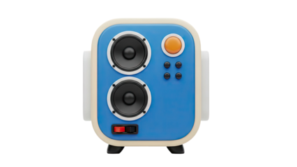 3D Retro blue speaker with cream trim and orange button on transparent background