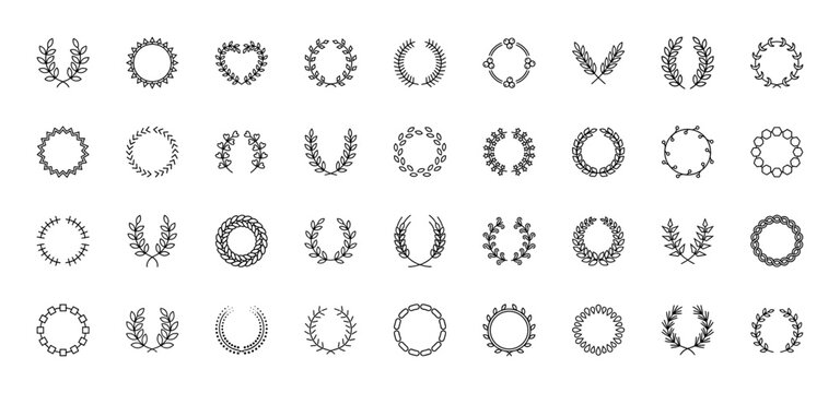 Laurel wreath and floral frame icon set. Vector pictograms of foliage, branches, wheat, olives, berries, and geometric borders, thin black outline illustration.